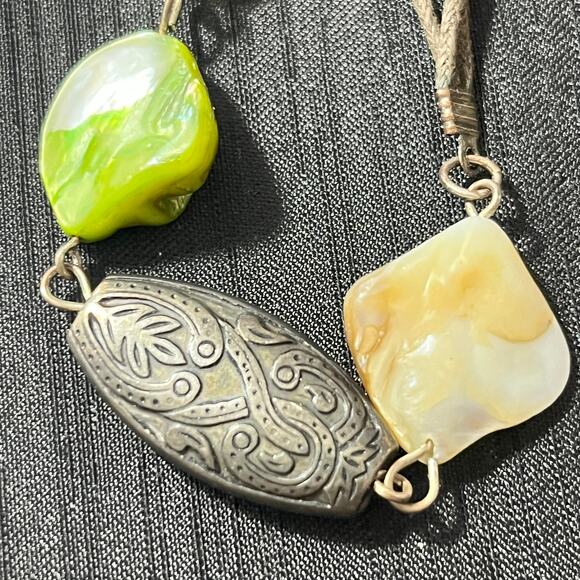 Multicolored Long MOP Shells on Brown Cord Necklace Silver Tone Beads 38-42" - Picture 3 of 5